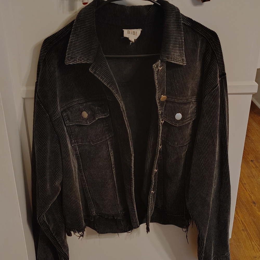BiBi Black Vintage Washed Corduroy Jacket with Fringed Bottom